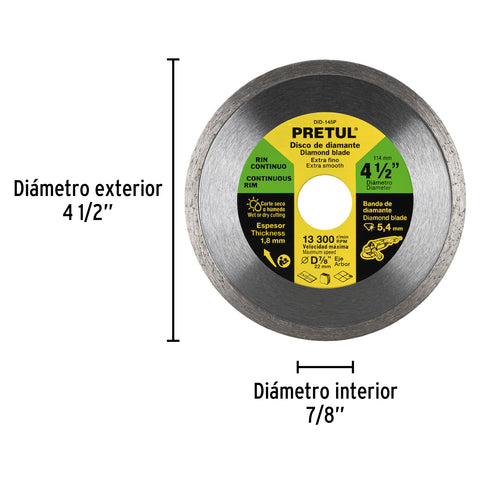 Disco de diamante de 4-1/2' x 1.8 mm, rin continuo, PRETUL | DID-145P | 21009