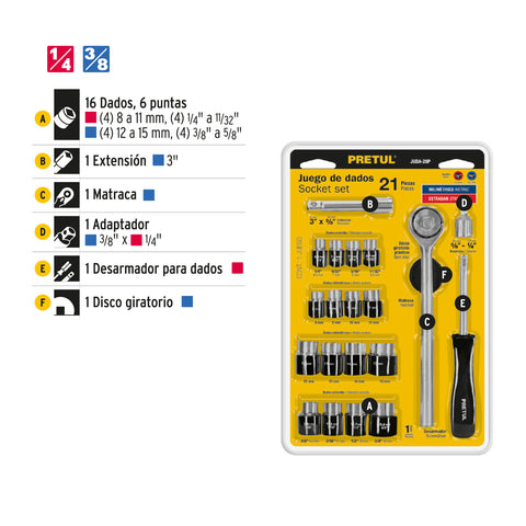 Juego de 21 herramientas 1/4' y 3/8' para mecánico, Pretul | JUDA-25P | 21162