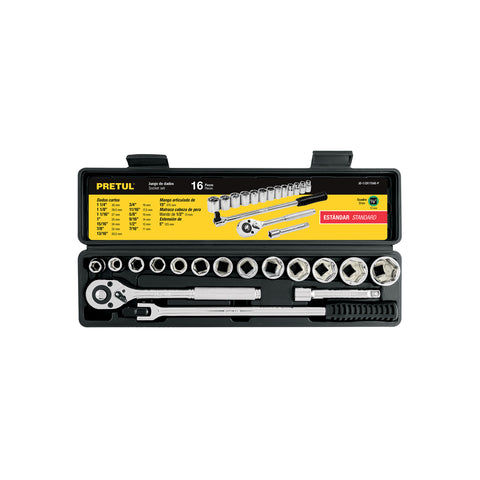 Juego de 16 herramientas 1/2' std para mecánico, Pretul | JD-1/2X17SAE-P | 21172