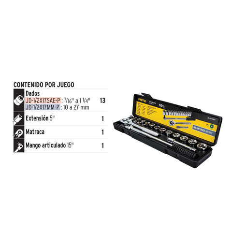 Juego de 16 herramientas 1/2' mm para mecánico, Pretul | JD-1/2X17MM-P | 21174