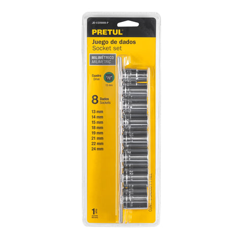 Juego de 8 dados cuadro 1/2' mm, Pretul | JD-1/2X9MM-P | 21176