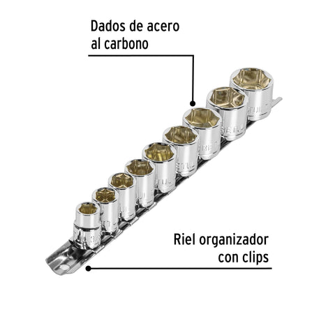 Juego de 9 dados cuadro 3/8' std, Pretul | JD-3/8X10SAE-P | 21185