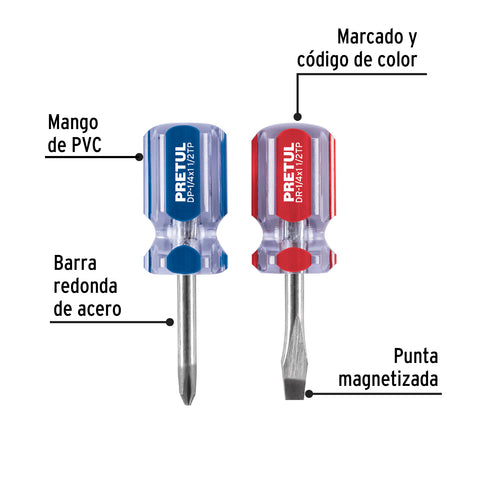 Dúo de desarmadores 1/4 x 1-1/2' mango de PVC, Pretul | JDT-2TP | 21379