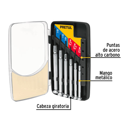 Juego con 6 desarmadores de precisión mango metálico, Pretul | J-DEJ-6P | 21382