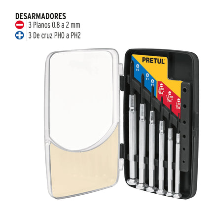 Juego con 6 desarmadores de precisión mango metálico, Pretul | J-DEJ-6P | 21382