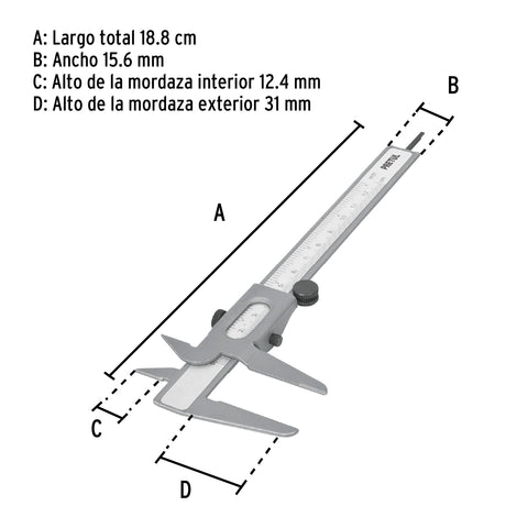 Calibrador vernier escolar 5', acero, std y mm, PRETUL | VER-6P | 21454