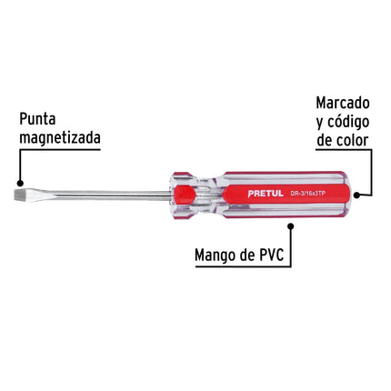 Desarmador plano 3/16 x 3' mango de PVC, Pretul | DR-3/16X3TP | 21456