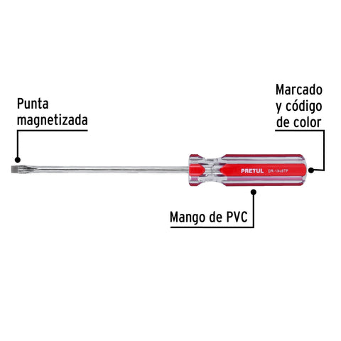Desarmador plano 1/4 x 6' mango de PVC, Pretul | DR-1/4X6TP | 21462
