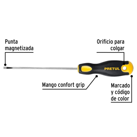 Desarmador cabinet 1/8 x 4' mango Comfort Grip, Pretul | DG-1/8X4BP | 21486