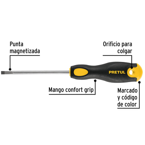 Desarmador cabinet 3/16 x 4' mango Comfort Grip, Pretul | DG-3/16X4BP | 21489