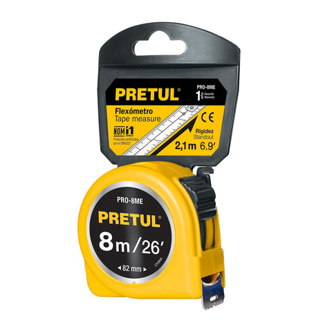 Flexómetro amarillo 8 m cinta 25 mm, en tarjeta, PRETUL | PRO-8ME | 21603