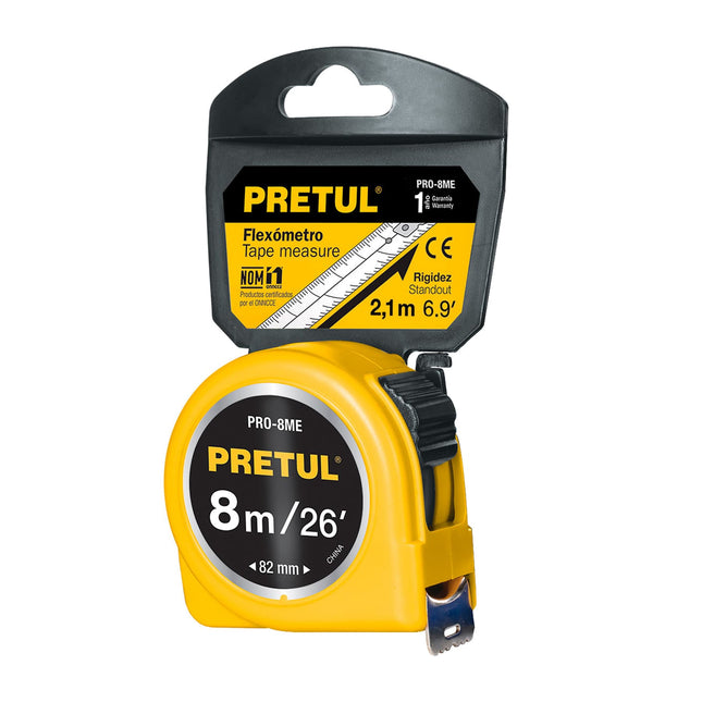 Flexómetro amarillo 8 m cinta 25 mm, en tarjeta, PRETUL | PRO-8ME | 21603