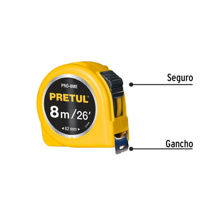 Flexómetro amarillo 8 m cinta 25 mm, en tarjeta, PRETUL | PRO-8ME | 21603