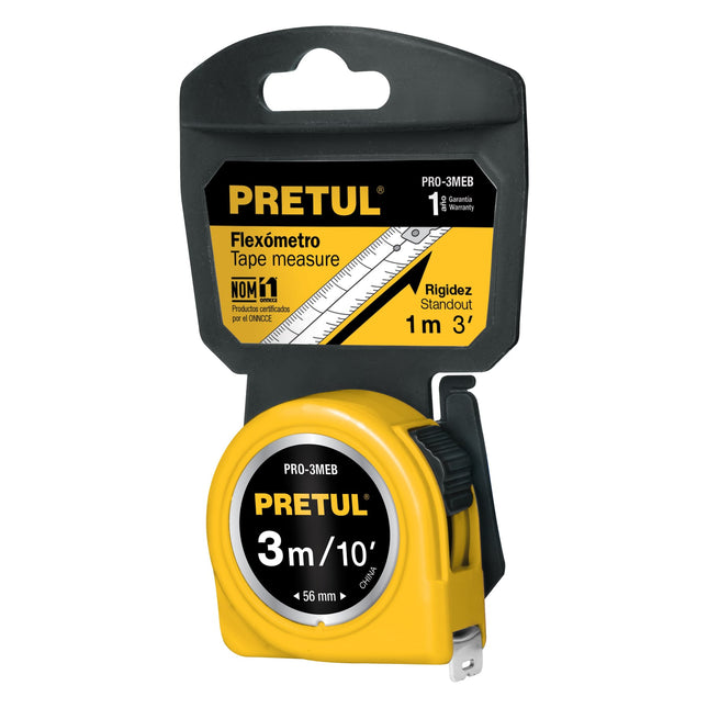 Flexómetro amarillo 3 m cinta 13 mm, en tarjeta, PRETUL | PRO-3MEB | 21605