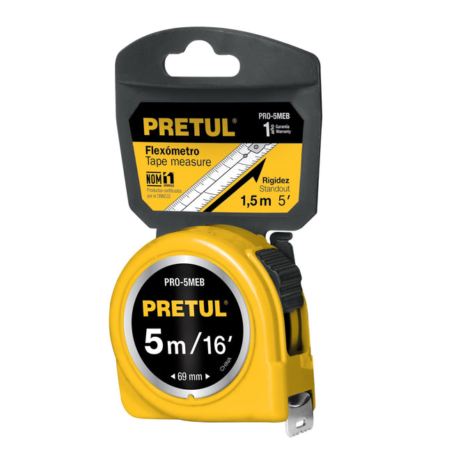 Flexómetro amarillo 5 m cinta 19 mm, en tarjeta, PRETUL | PRO-5MEB | 21606