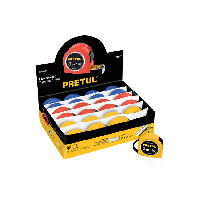 Flexómetro 3 m cinta 13 mm, display box con 24 pzas, PRETUL | PRO-3MEC | 21607