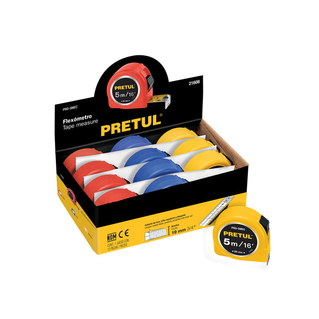 Flexómetro 5 m cinta 19 mm, display box con 12 pzas, PRETUL | PRO-5MEC | 21608
