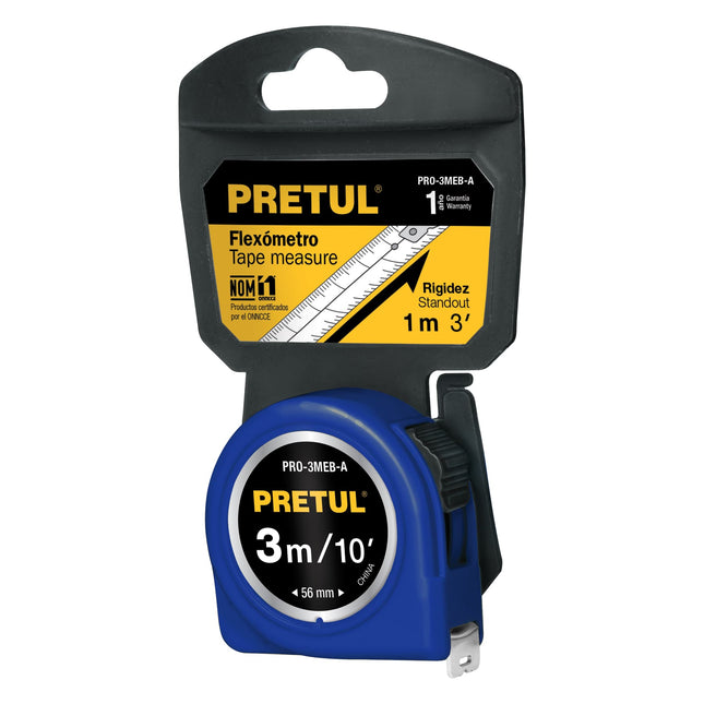 Flexómetro azul 3 m cinta 13 mm, en tarjeta, PRETUL | PRO-3MEB-A | 21609