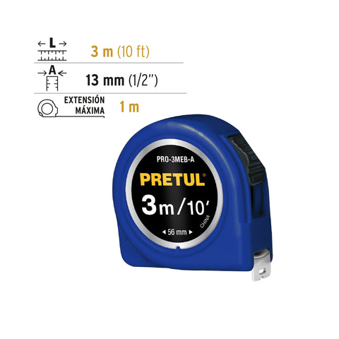Flexómetro azul 3 m cinta 13 mm, en tarjeta, PRETUL | PRO-3MEB-A | 21609