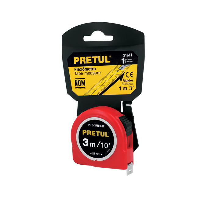 Flexómetro rojo 3 m cinta 13 mm, en tarjeta, PRETUL | PRO-3MEB-R | 21611