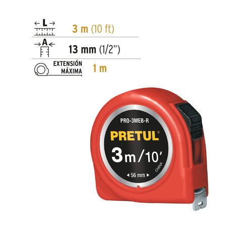 Flexómetro rojo 3 m cinta 13 mm, en tarjeta, PRETUL | PRO-3MEB-R | 21611