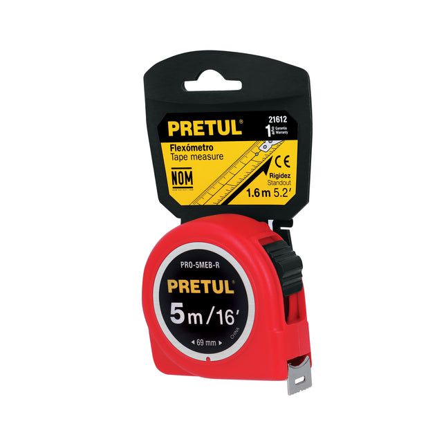Flexómetro rojo 5 m cinta 19 mm, en tarjeta, PRETUL | PRO-5MEB-R | 21612