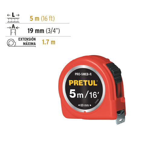 Flexómetro rojo 5 m cinta 19 mm, en tarjeta, PRETUL | PRO-5MEB-R | 21612