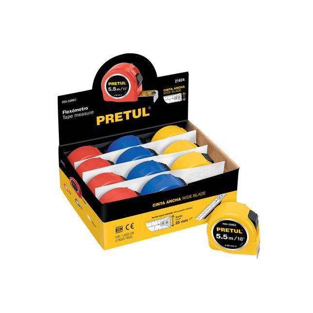 Flexómetro 5.5 m cinta 25 mm, display box con 12 pzas,PRETUL | PRO-55MEC | 21624