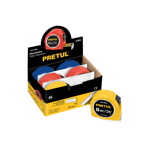 Flexómetro 8 m cinta 25 mm, display box con 6 pzas, PRETUL | PRO-8MEC | 21625