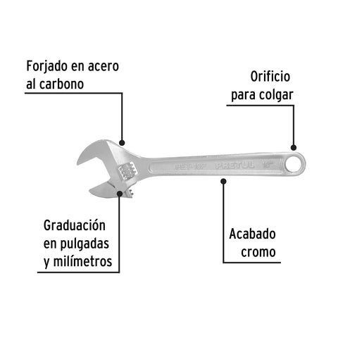 Llave ajustable (perico) 10' cromada, Pretul | PET-10P | 21816