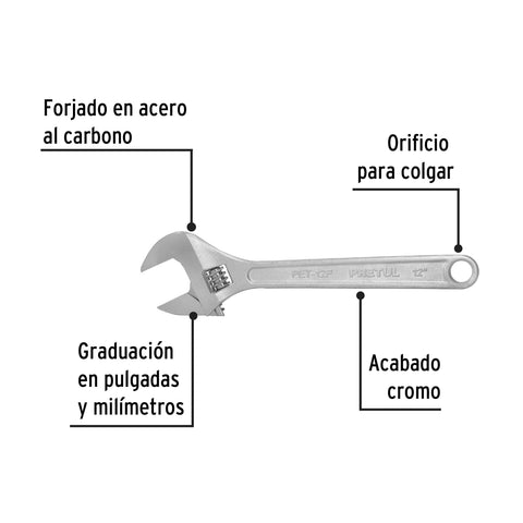 Llave ajustable (perico) 12' cromada, Pretul | PET-12P | 21817