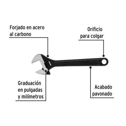 Llave ajustable (perico) 12' pavonada, Pretul | PET-12PP | 21825