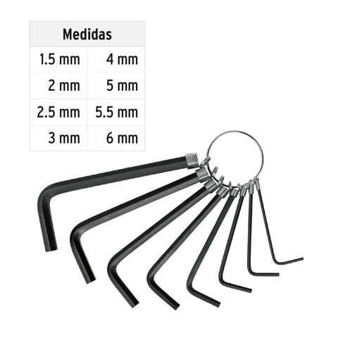 Juego de 8 llaves allen mm tipo llavero, punta hex, PRETUL | ALL-P8M | 21851