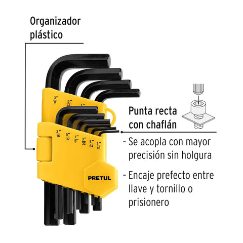 Juego 10 llaves allen std punta hex con organizador, PRETUL | ALL-10P-P | 21854