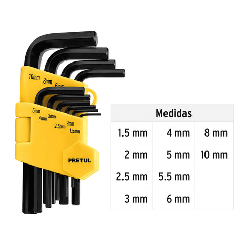 Juego 10 llaves allen mm punta hex con organizador, PRETUL | ALL-10M-P | 21855