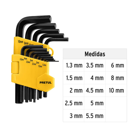 Juego 13 llaves allen mm punta hex con organizador, PRETUL | ALL-13M-P | 21857