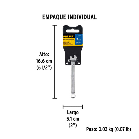 Llave combinada 7 mm x 110 mm de largo, Pretul | LL-2007MP | 21901