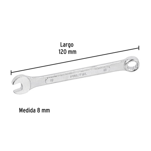 Llave combinada 8 mm x 120 mm de largo, Pretul | LL-2008MP | 21902
