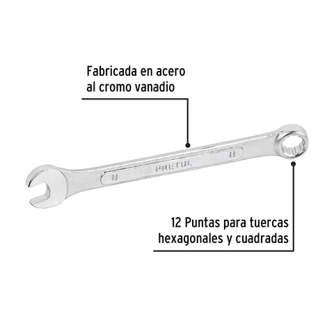 Llave combinada 8 mm x 120 mm de largo, Pretul | LL-2008MP | 21902