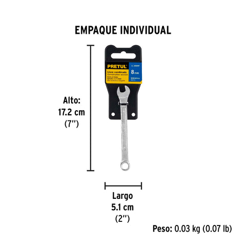 Llave combinada 8 mm x 120 mm de largo, Pretul | LL-2008MP | 21902