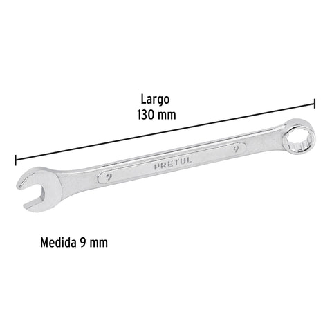 Llave combinada 9 mm x 130 mm de largo, Pretul | LL-2009MP | 21903