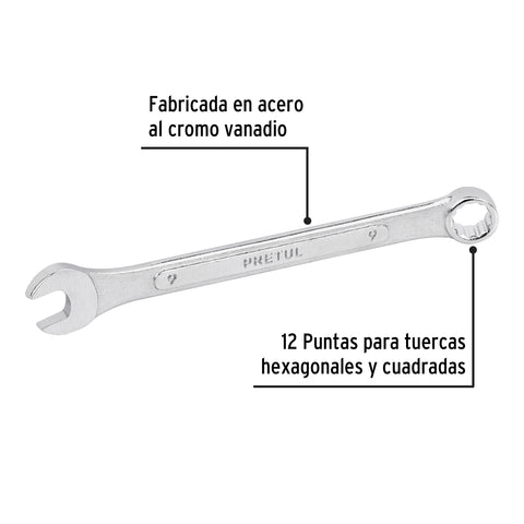 Llave combinada 9 mm x 130 mm de largo, Pretul | LL-2009MP | 21903