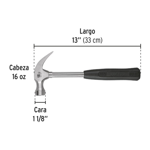Martillo pulido, 16 oz, uña curva, mango tubular, Pretul | SJ-16P | 22270