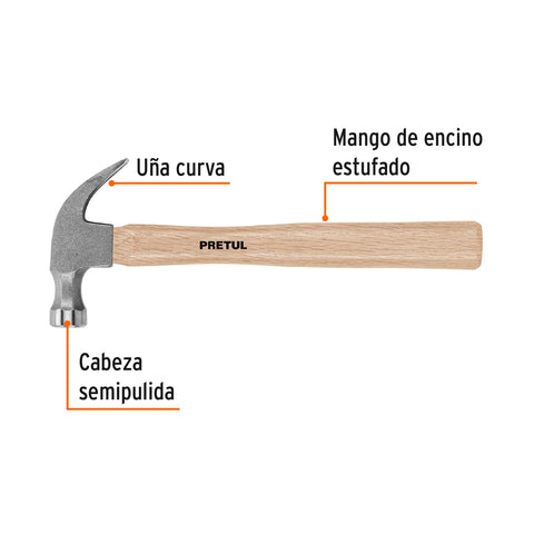 Martillo semipulido, 16 oz, uña curva, PRETUL | MP-16 | 22290
