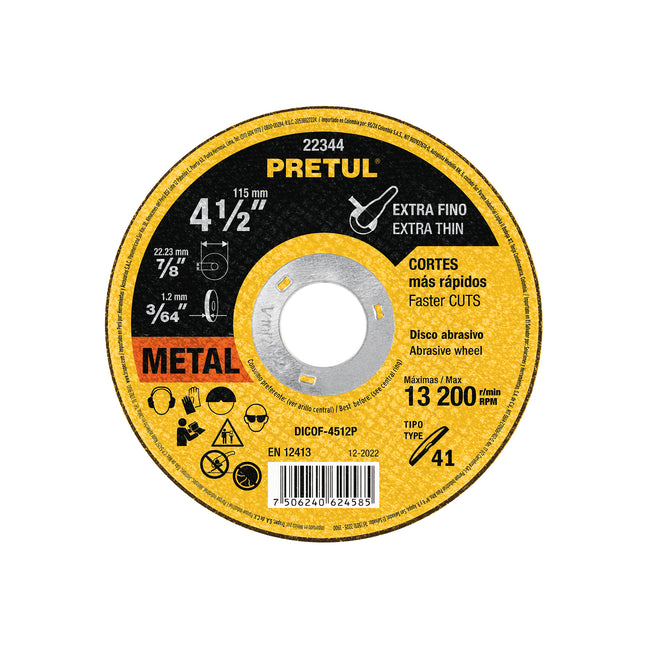 Disco Tipo 41 de 4-1/2' x 1.2 mm corte fino de metal, Pretul (DICOF-4512P)