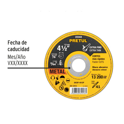 Disco Tipo 41 de 4-1/2' x 1.2 mm corte fino de metal, Pretul (DICOF-4512P)