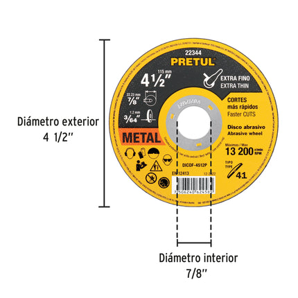 Disco Tipo 41 de 4-1/2' x 1.2 mm corte fino de metal, Pretul (DICOF-4512P)