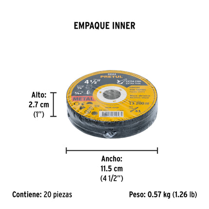Disco Tipo 41 de 4-1/2' x 1.2 mm corte fino de metal, Pretul (DICOF-4512P)