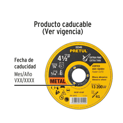 Disco Tipo 41 de 4-1/2' x 1.6 mm corte fino de metal, Pretul (DICOF-4516P)