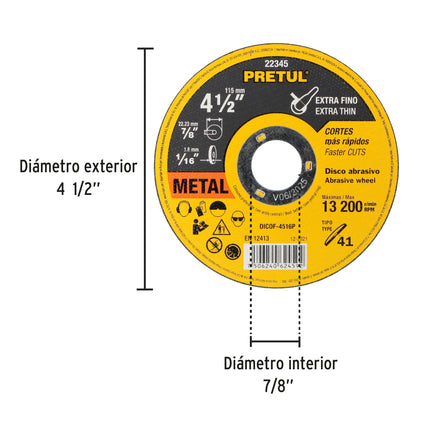 Disco Tipo 41 de 4-1/2' x 1.6 mm corte fino de metal, Pretul (DICOF-4516P)
